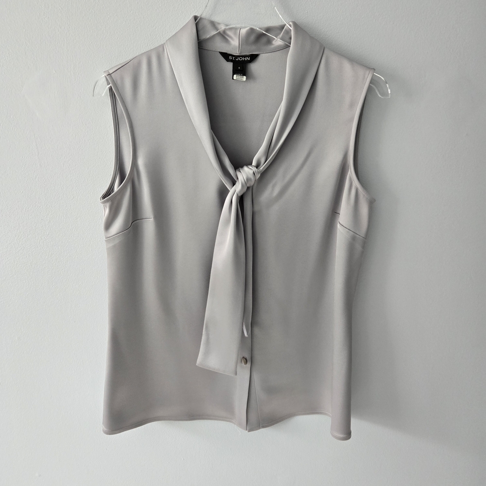 St John Silver Gray Tie Neck Sleeveless Button Blouse, s6